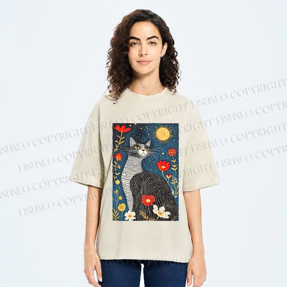Unisex Cat in Night Garden Printed Washed Tee