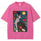 Unisex Cat in Night Garden Printed Washed Tee