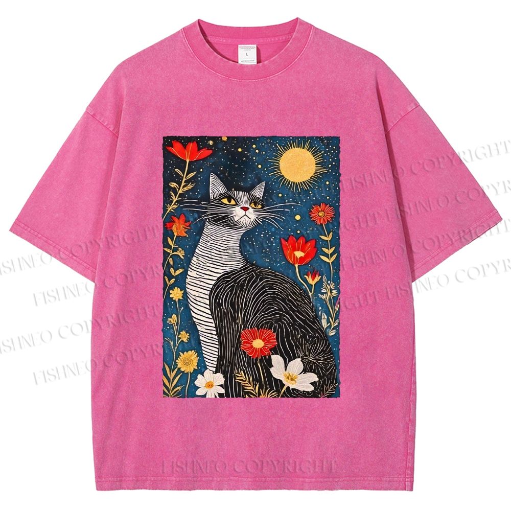 Unisex Cat in Night Garden Printed Washed Tee