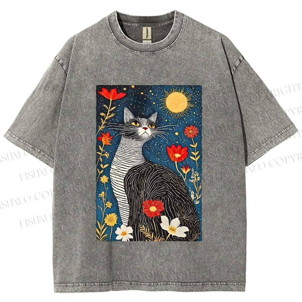 Unisex Cat in Night Garden Printed Washed Tee
