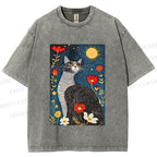 Unisex Cat in Night Garden Printed Washed Tee