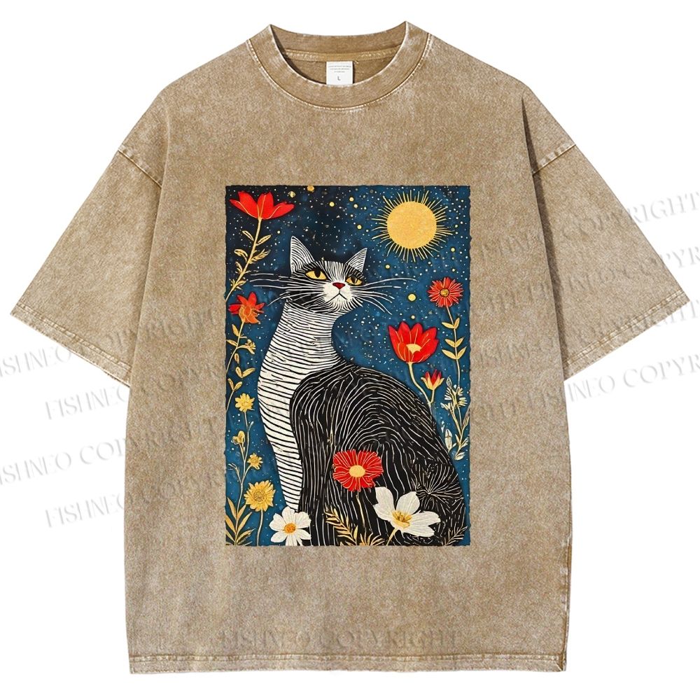 Unisex Cat in Night Garden Printed Washed Tee