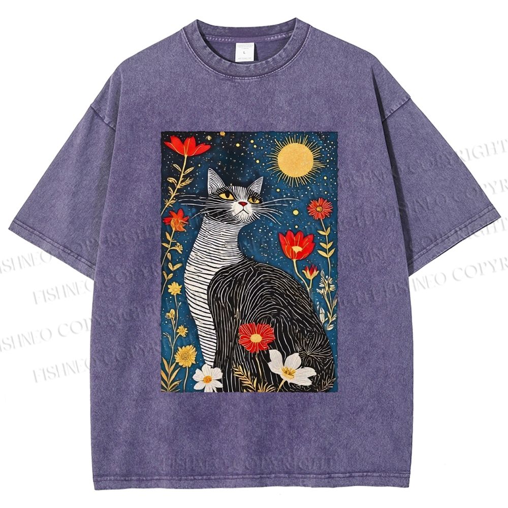 Unisex Cat in Night Garden Printed Washed Tee