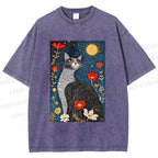 Unisex Cat in Night Garden Printed Washed Tee