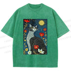 Unisex Cat in Night Garden Printed Washed Tee