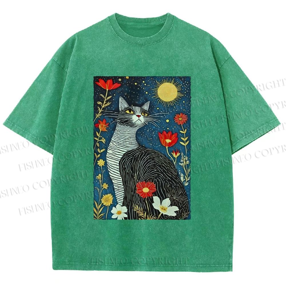 Unisex Cat in Night Garden Printed Washed Tee