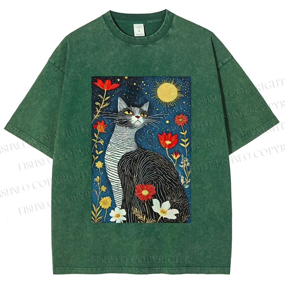 Unisex Cat in Night Garden Printed Washed Tee