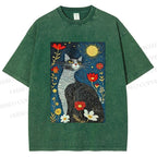 Unisex Cat in Night Garden Printed Washed Tee
