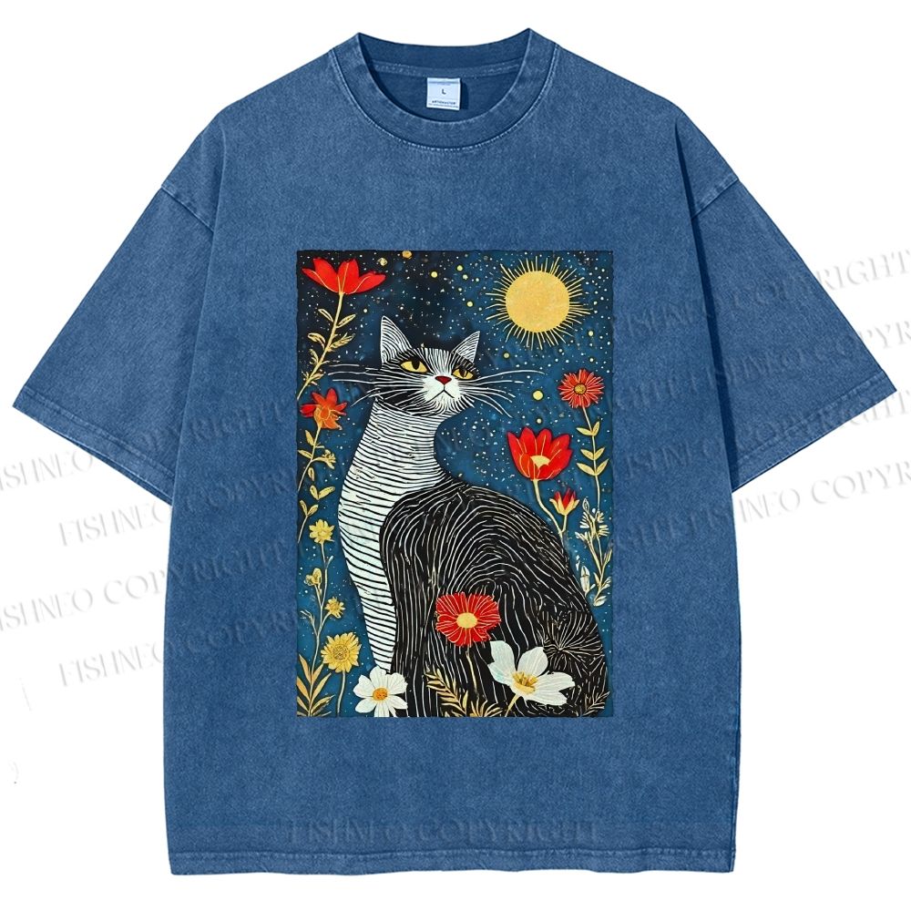 Unisex Cat in Night Garden Printed Washed Tee