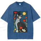 Unisex Cat in Night Garden Printed Washed Tee