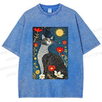 Unisex Cat in Night Garden Printed Washed Tee