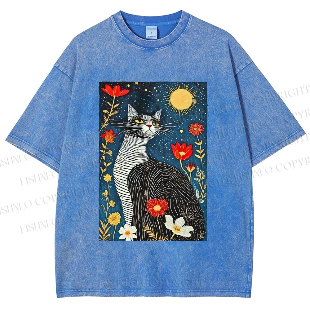 Unisex Cat in Night Garden Printed Washed Tee