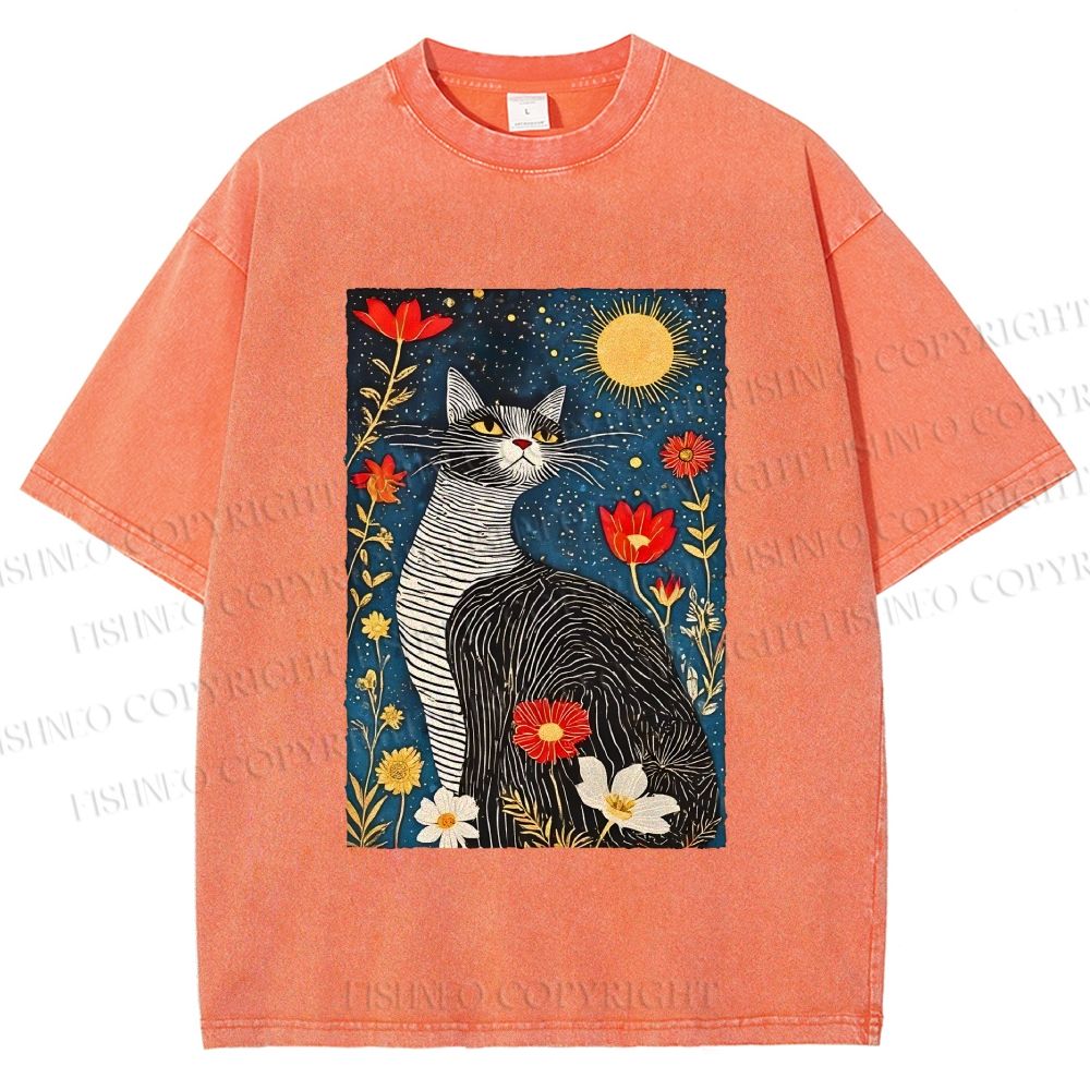 Unisex Cat in Night Garden Printed Washed Tee