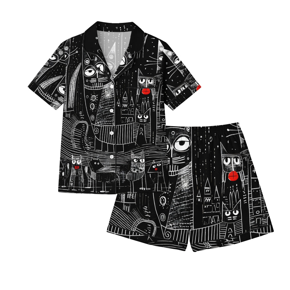 Line-Art Cat Printed Pajama sets