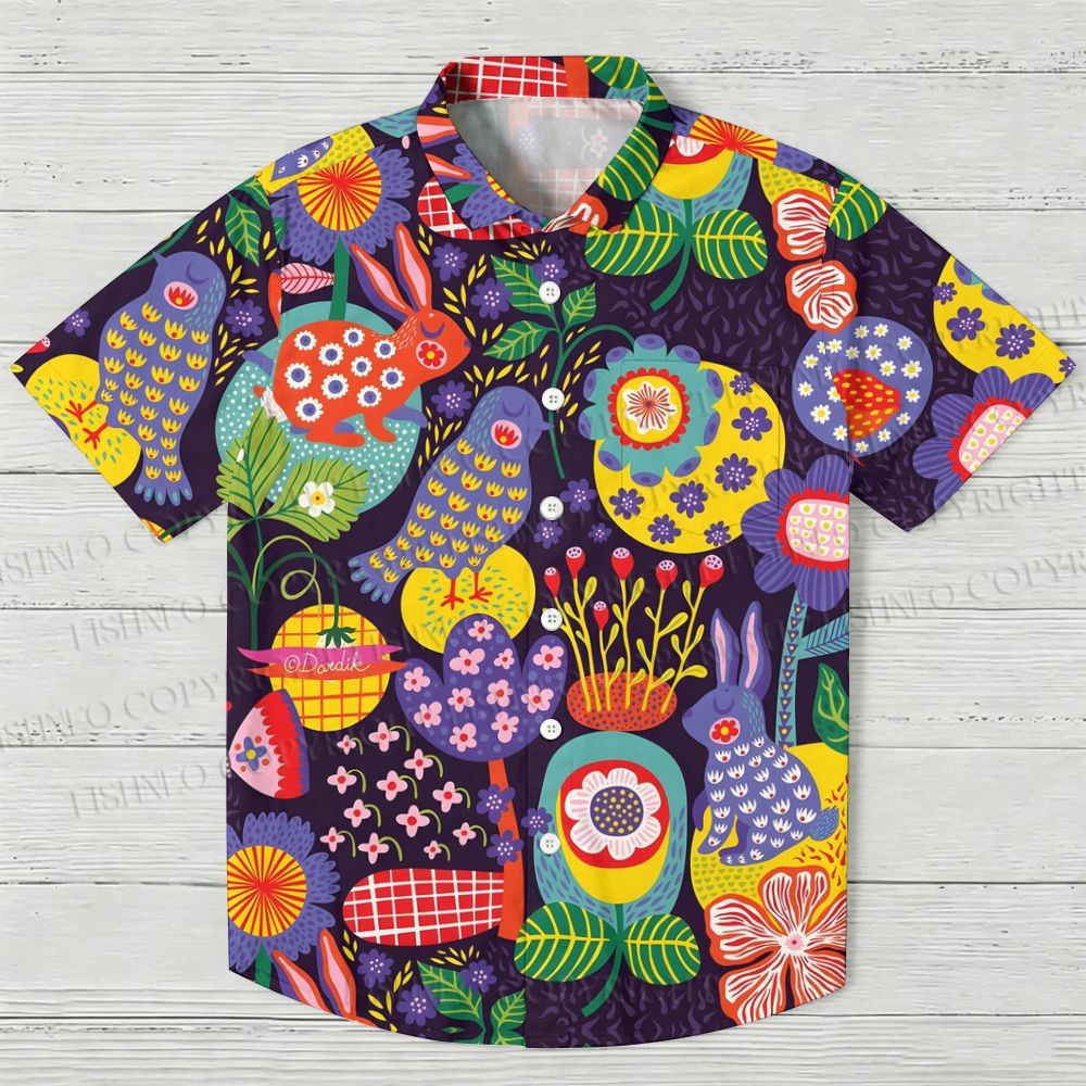 Floral Bird And Rabbit Printed Hawaiian Shirt