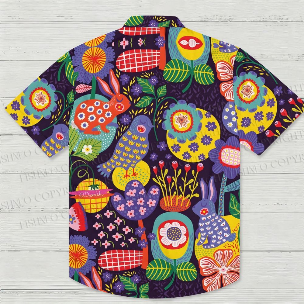 Floral Bird And Rabbit Printed Hawaiian Shirt