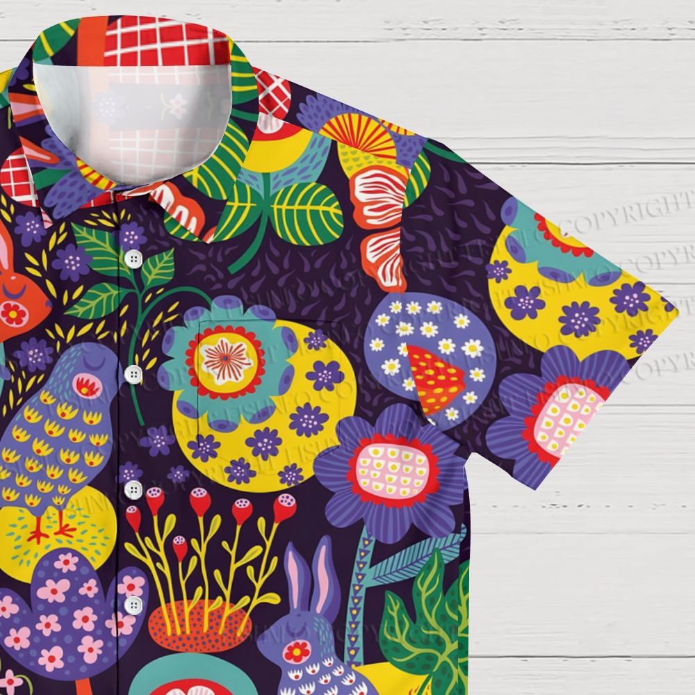 Floral Bird And Rabbit Printed Hawaiian Shirt