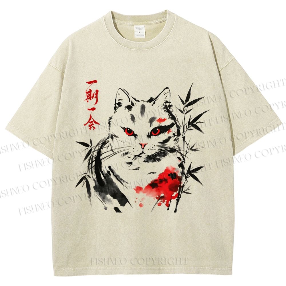 Unisex Ichigo Ichie Ink Cat Printed Washed Tee