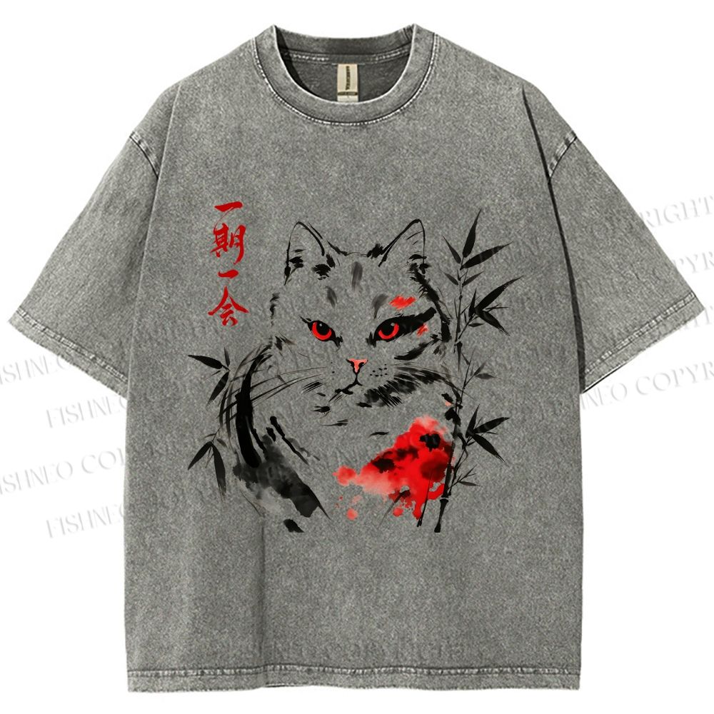 Unisex Ichigo Ichie Ink Cat Printed Washed Tee