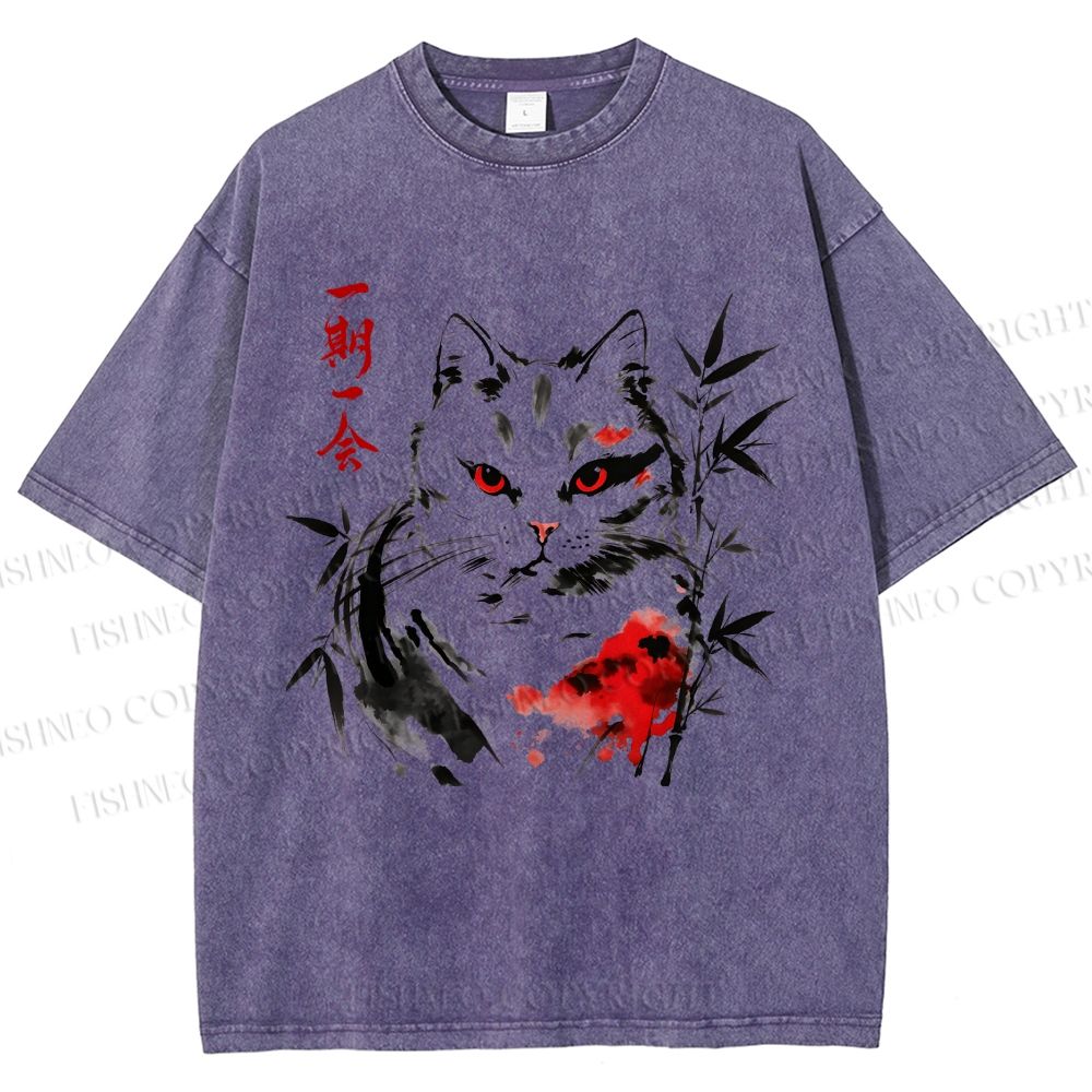 Unisex Ichigo Ichie Ink Cat Printed Washed Tee