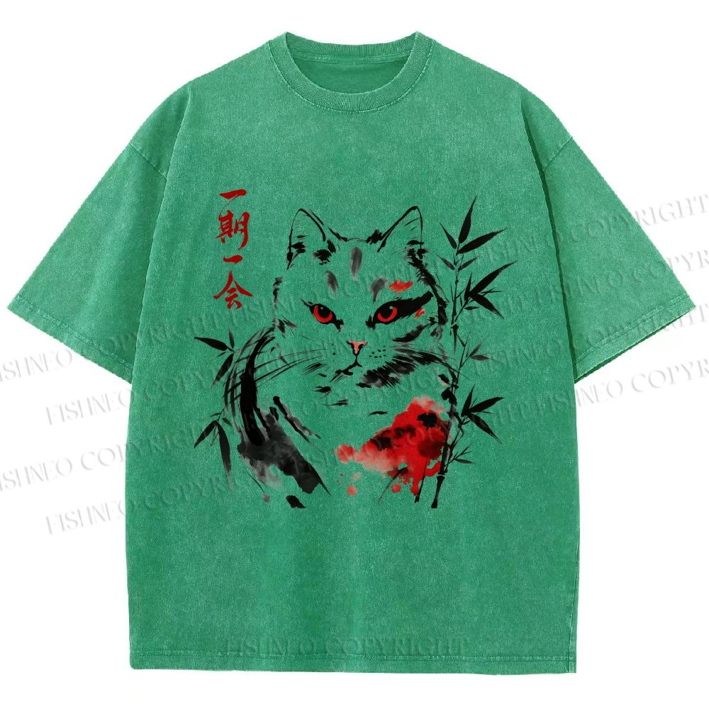 Unisex Ichigo Ichie Ink Cat Printed Washed Tee