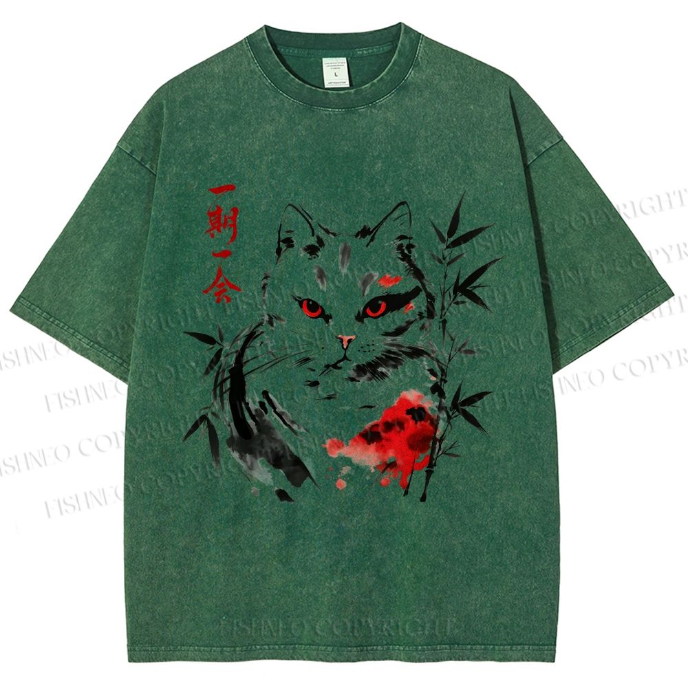 Unisex Ichigo Ichie Ink Cat Printed Washed Tee
