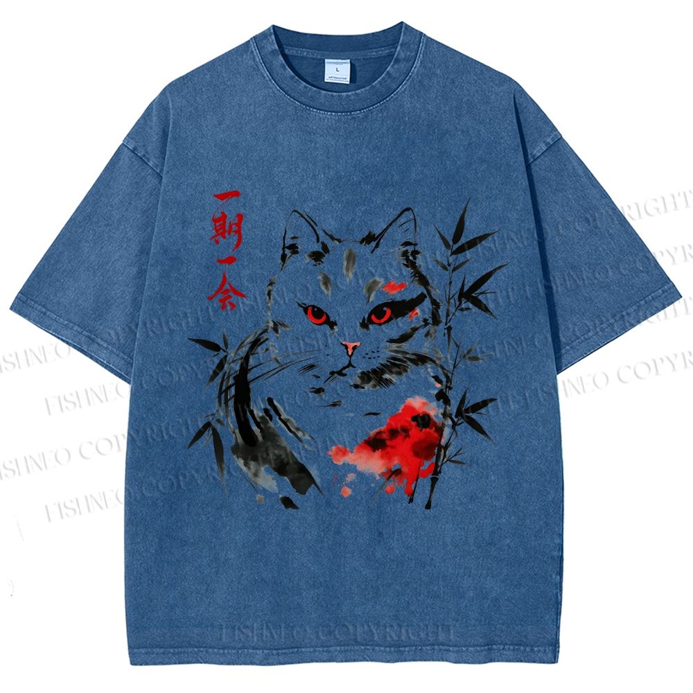 Unisex Ichigo Ichie Ink Cat Printed Washed Tee