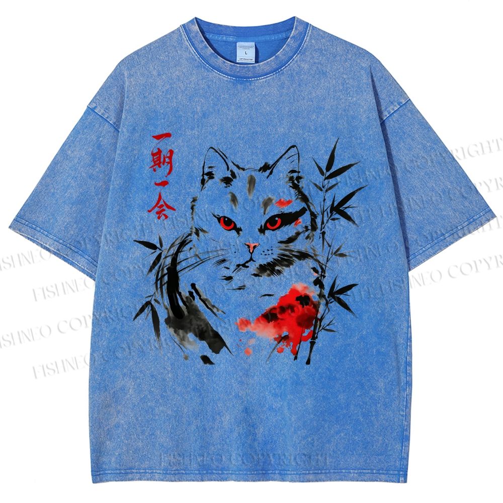 Unisex Ichigo Ichie Ink Cat Printed Washed Tee