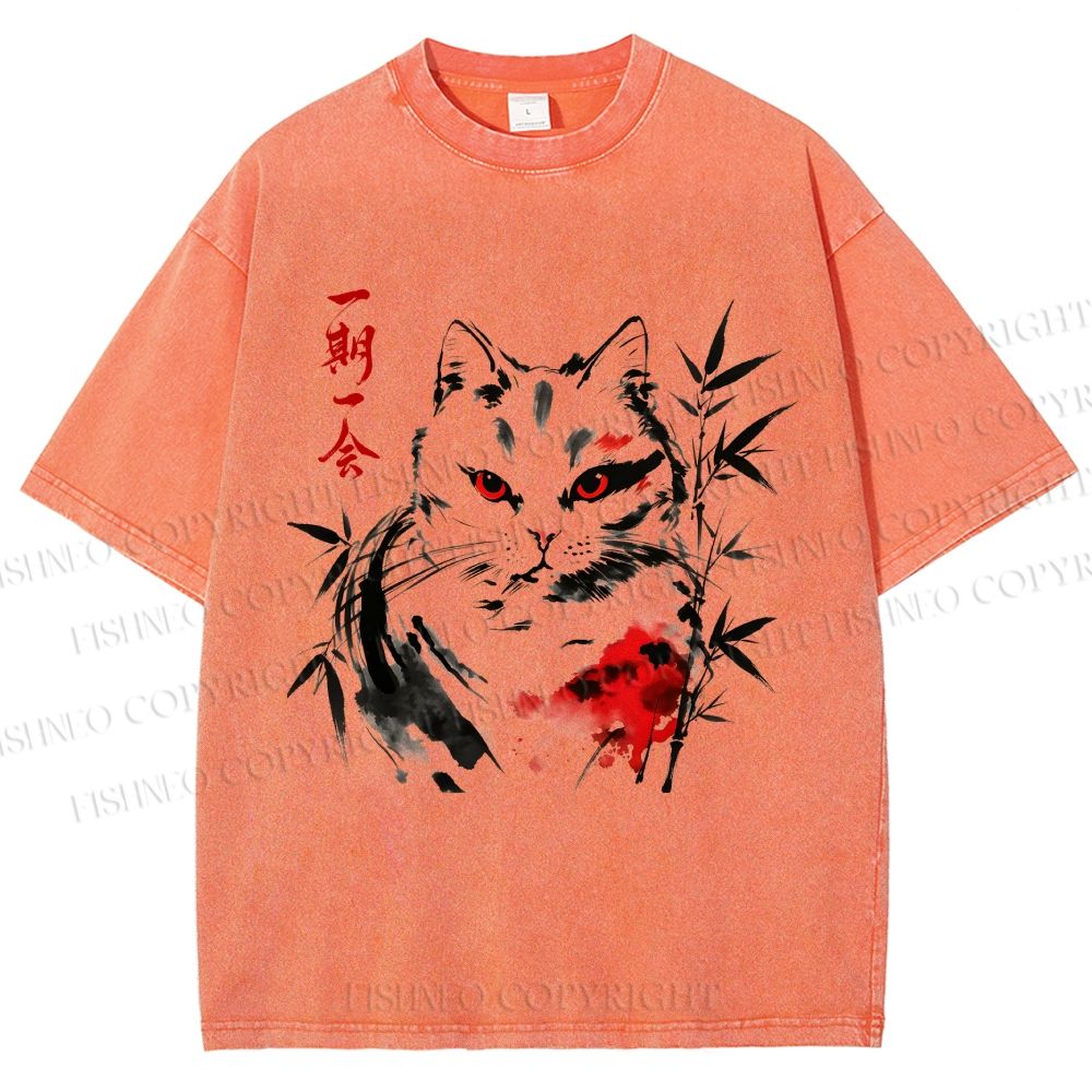 Unisex Ichigo Ichie Ink Cat Printed Washed Tee