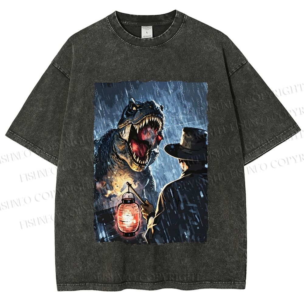 Unisex Rainy Night Dinosaur Encounter Printed Washed Tee