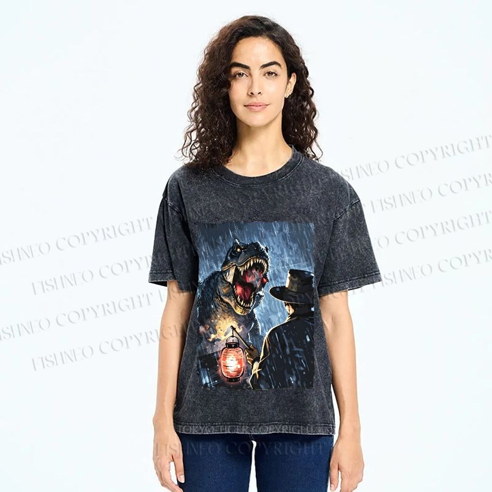 Unisex Rainy Night Dinosaur Encounter Printed Washed Tee