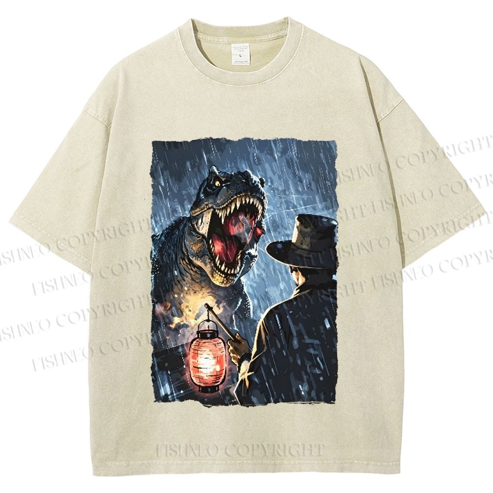 Unisex Rainy Night Dinosaur Encounter Printed Washed Tee