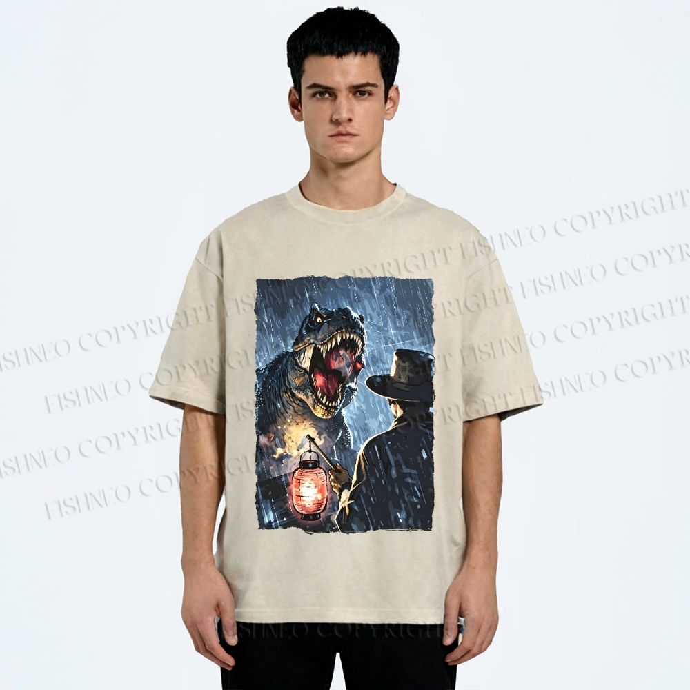 Unisex Rainy Night Dinosaur Encounter Printed Washed Tee