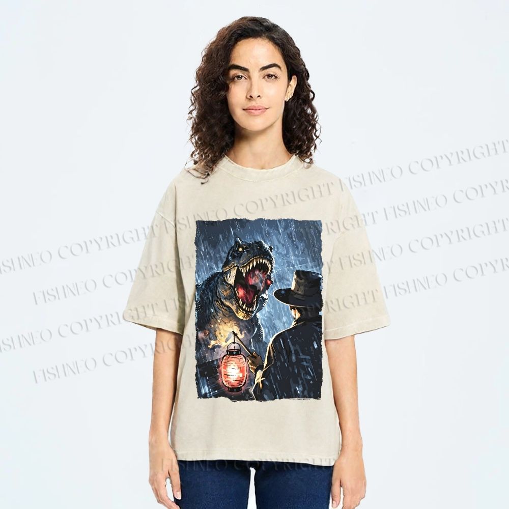 Unisex Rainy Night Dinosaur Encounter Printed Washed Tee
