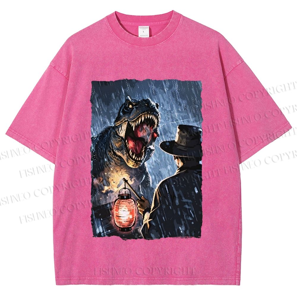 Unisex Rainy Night Dinosaur Encounter Printed Washed Tee