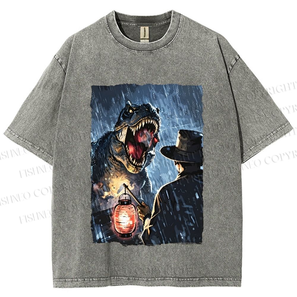 Unisex Rainy Night Dinosaur Encounter Printed Washed Tee