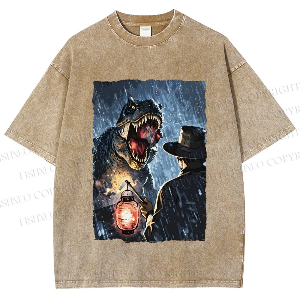 Unisex Rainy Night Dinosaur Encounter Printed Washed Tee
