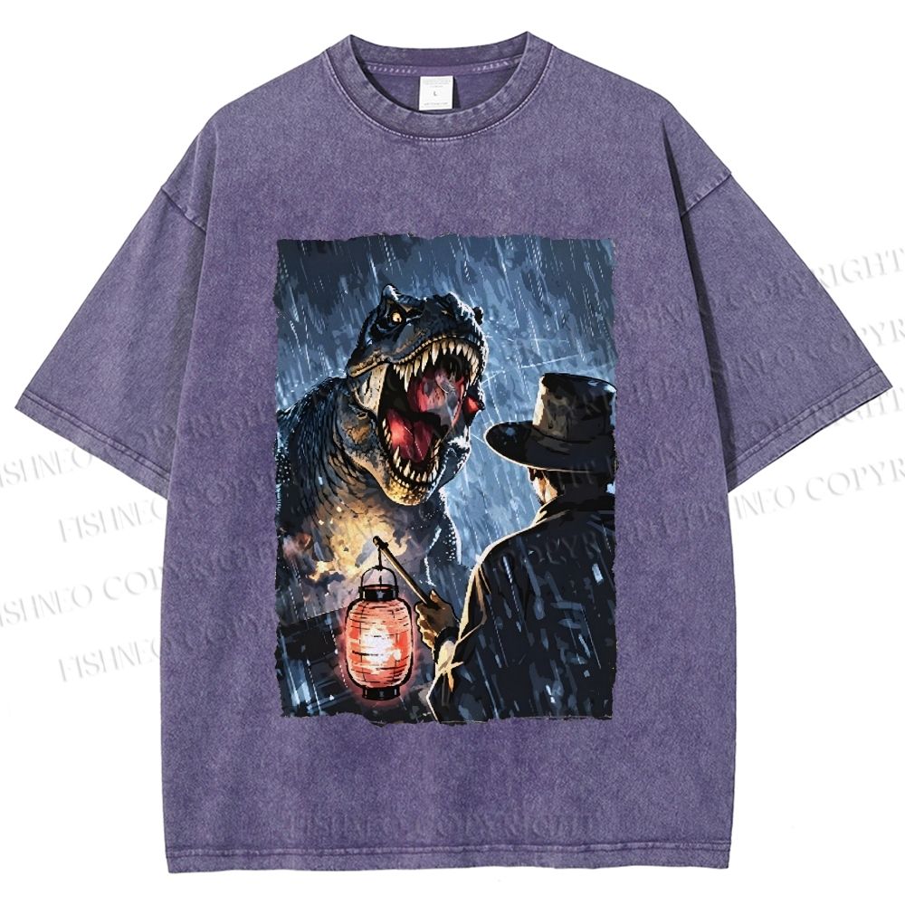 Unisex Rainy Night Dinosaur Encounter Printed Washed Tee