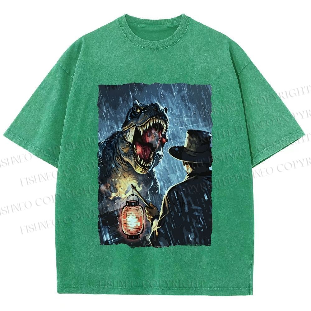 Unisex Rainy Night Dinosaur Encounter Printed Washed Tee