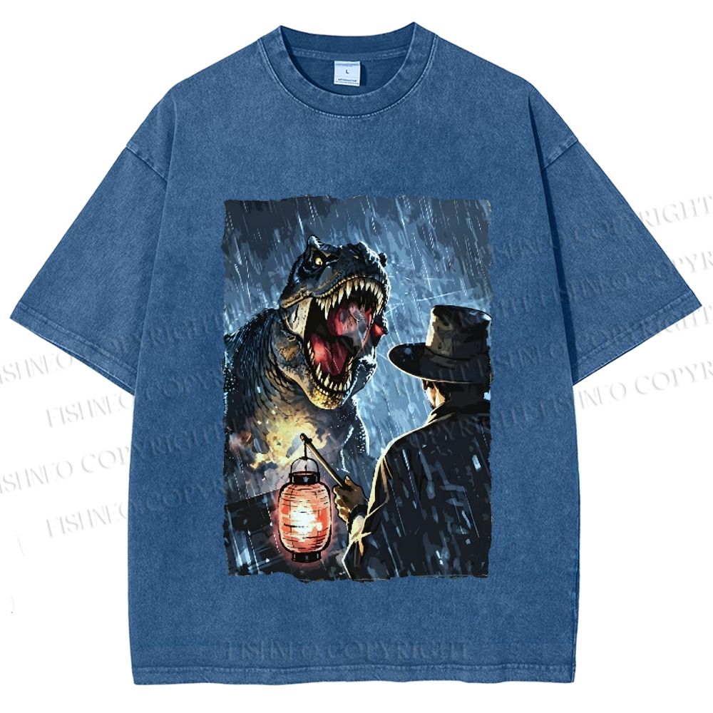 Unisex Rainy Night Dinosaur Encounter Printed Washed Tee