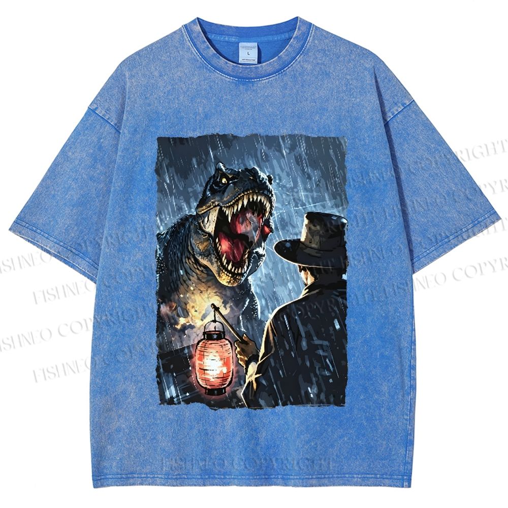 Unisex Rainy Night Dinosaur Encounter Printed Washed Tee