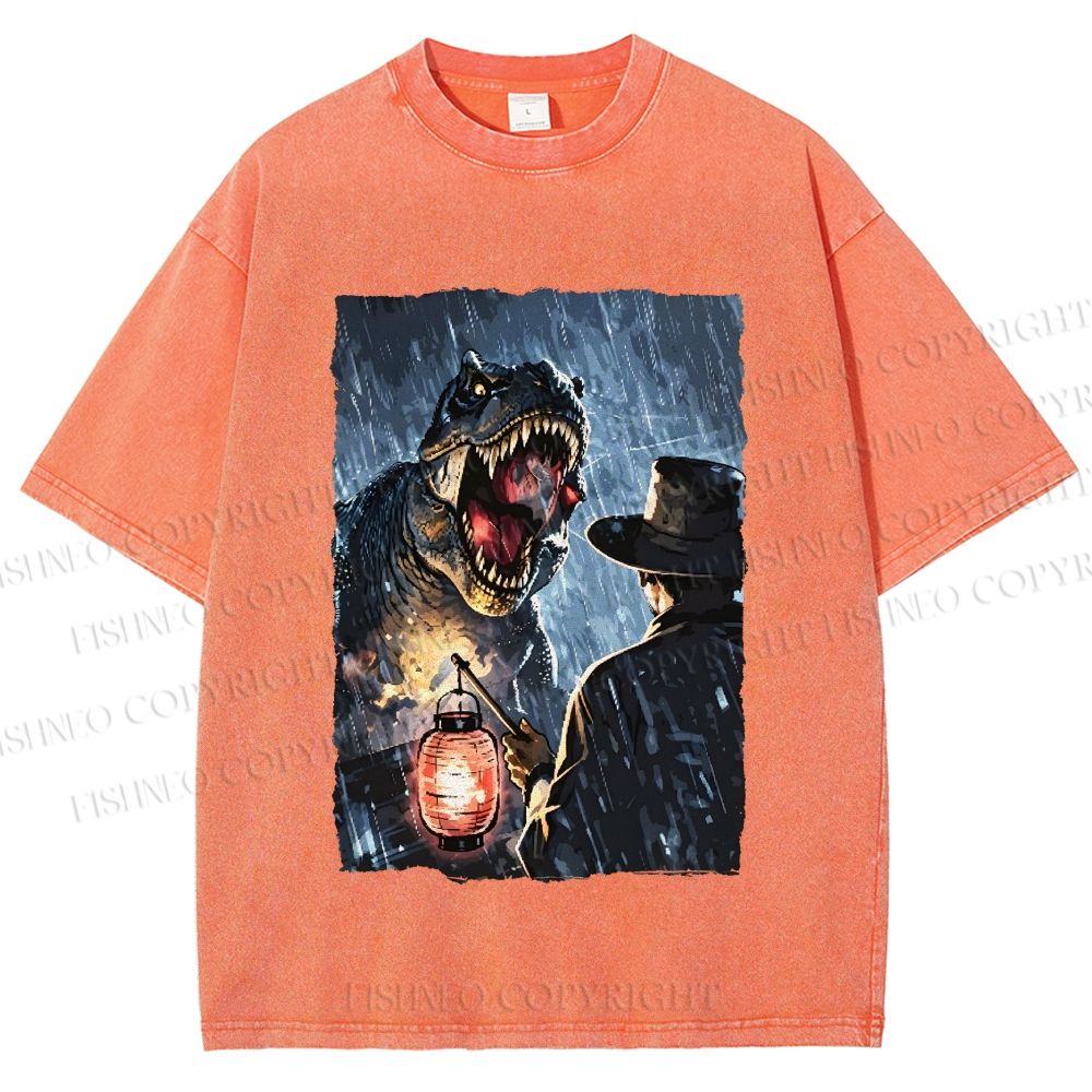 Unisex Rainy Night Dinosaur Encounter Printed Washed Tee