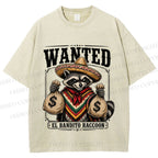 Unisex Wanted Bandit Raccoon Printed Washed Tee