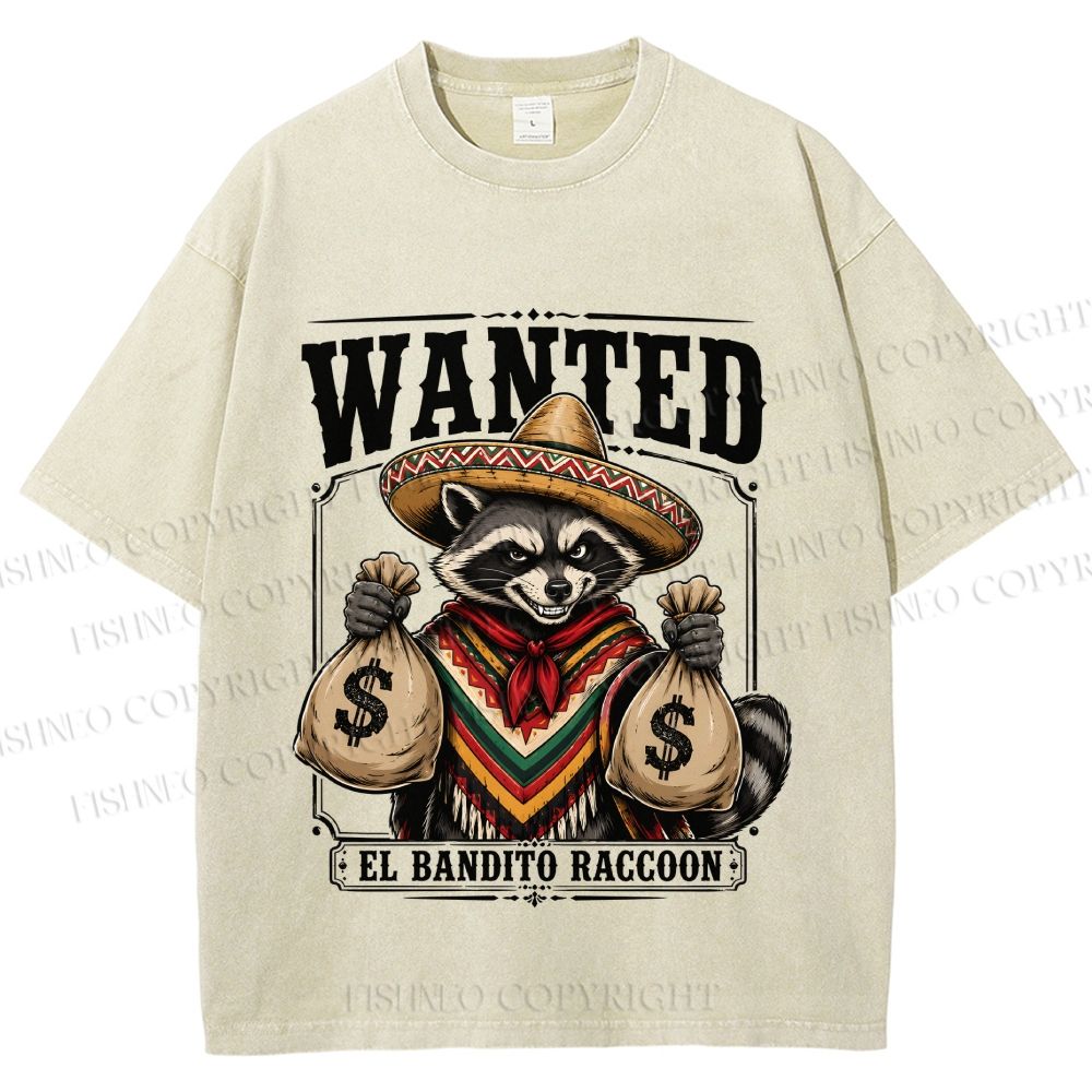 Unisex Wanted Bandit Raccoon Printed Washed Tee