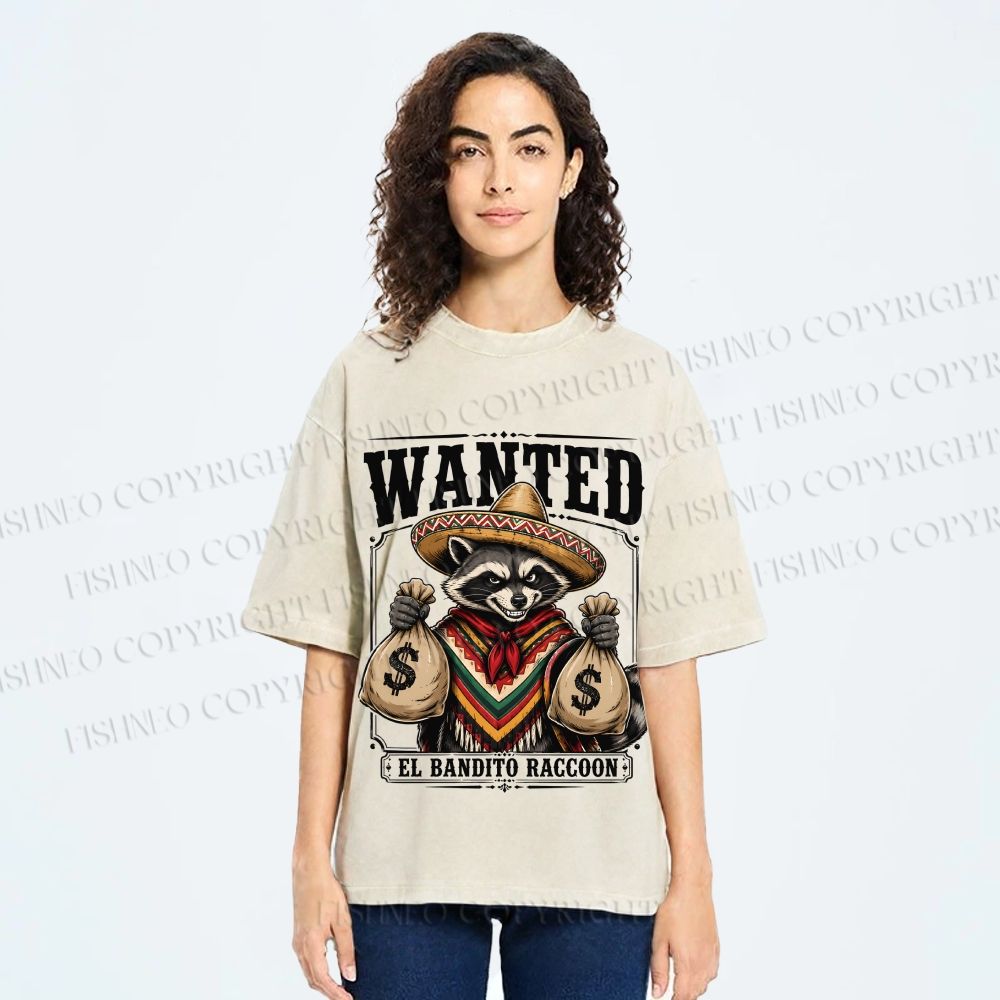 Unisex Wanted Bandit Raccoon Printed Washed Tee