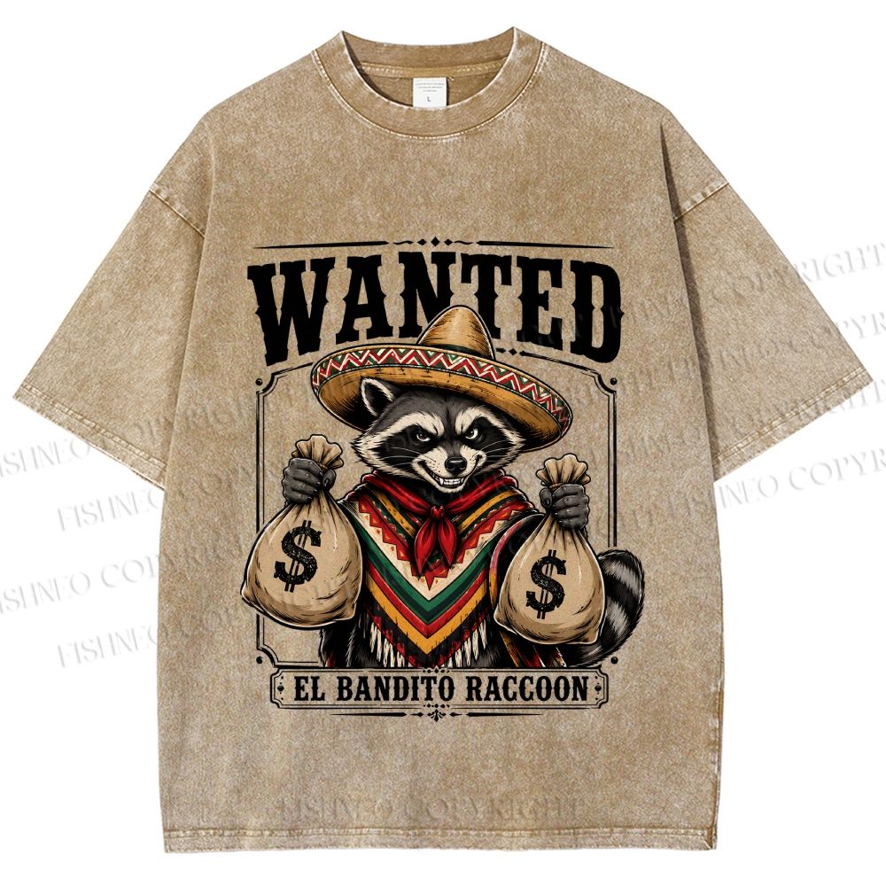 Unisex Wanted Bandit Raccoon Printed Washed Tee