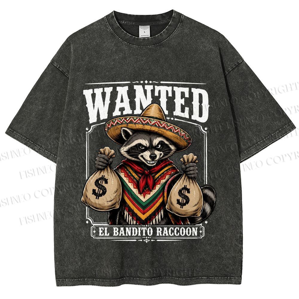 Unisex Wanted Bandit Raccoon Printed Washed Tee