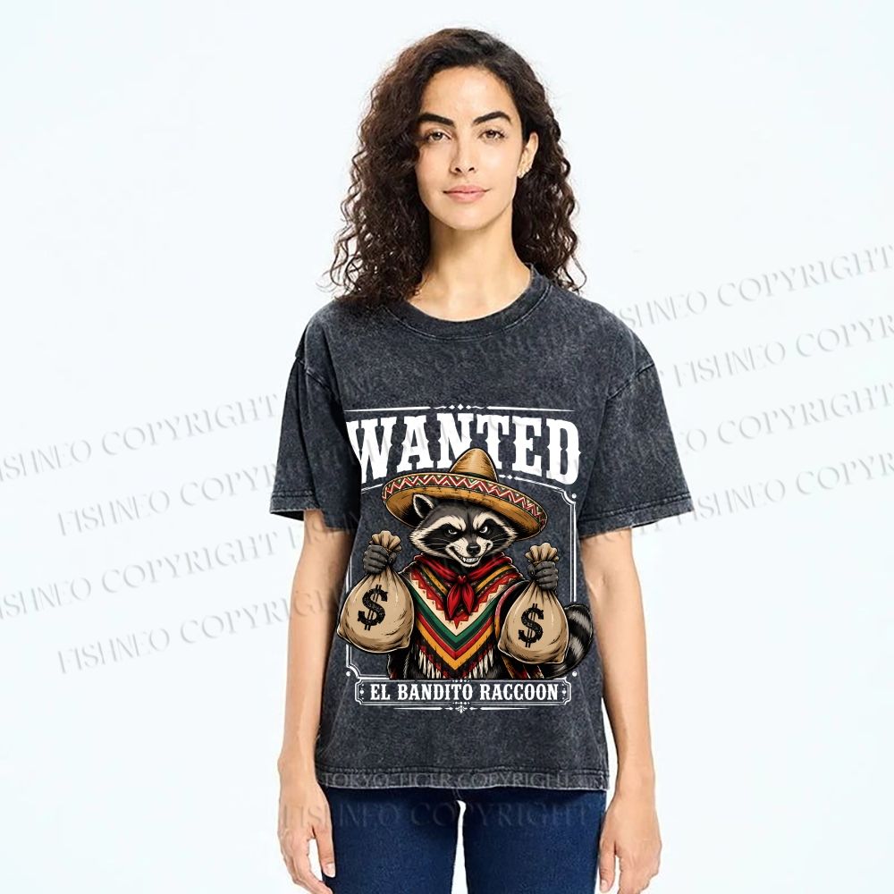 Unisex Wanted Bandit Raccoon Printed Washed Tee