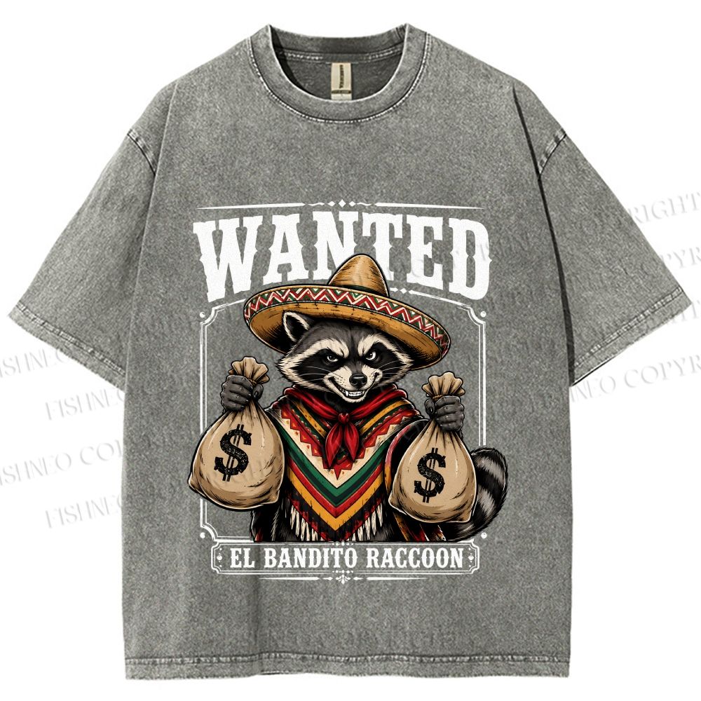 Unisex Wanted Bandit Raccoon Printed Washed Tee