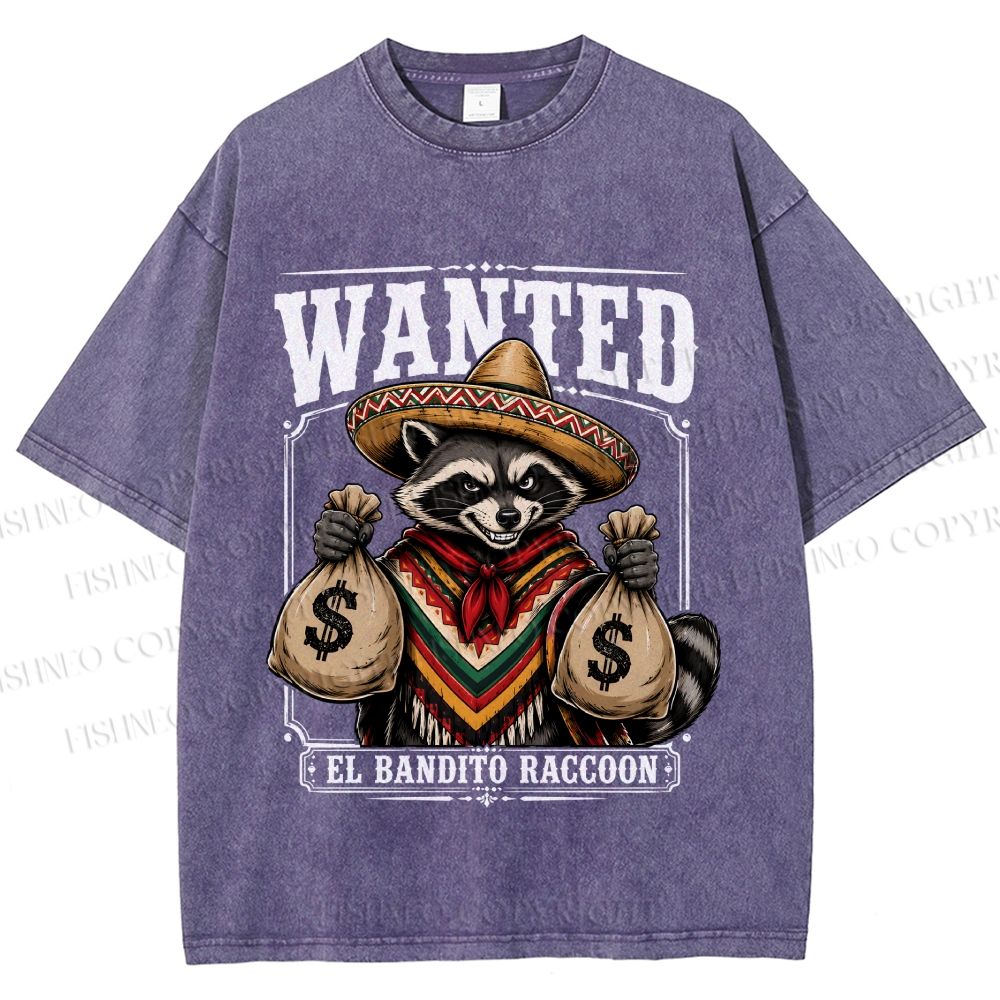 Unisex Wanted Bandit Raccoon Printed Washed Tee